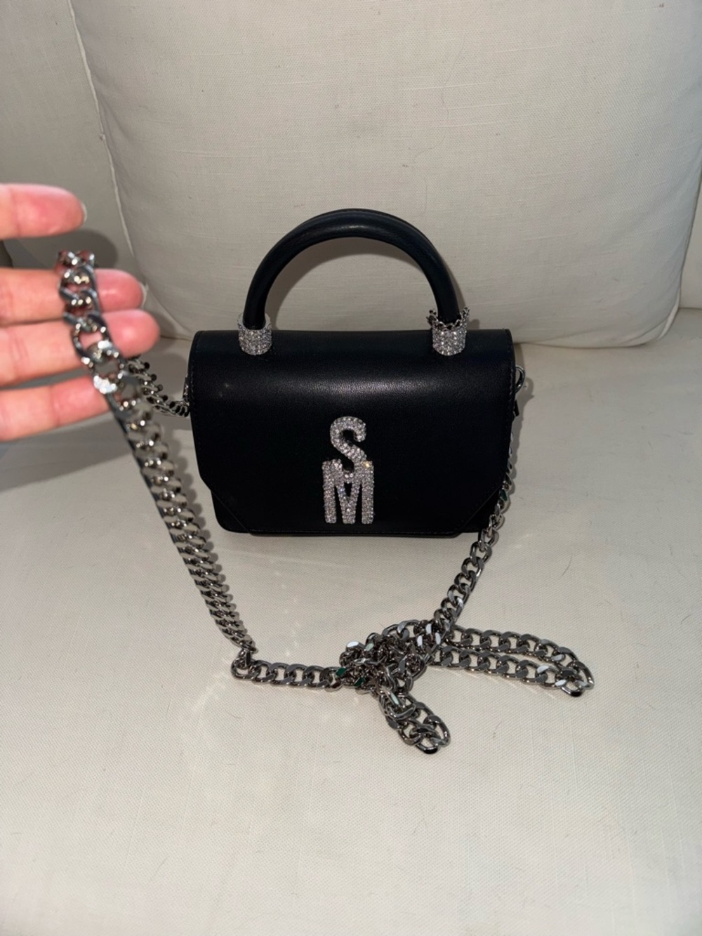 Steve Madden Black Mini Top-Handle Bag with Crystal Logo - Picture 4 of 10